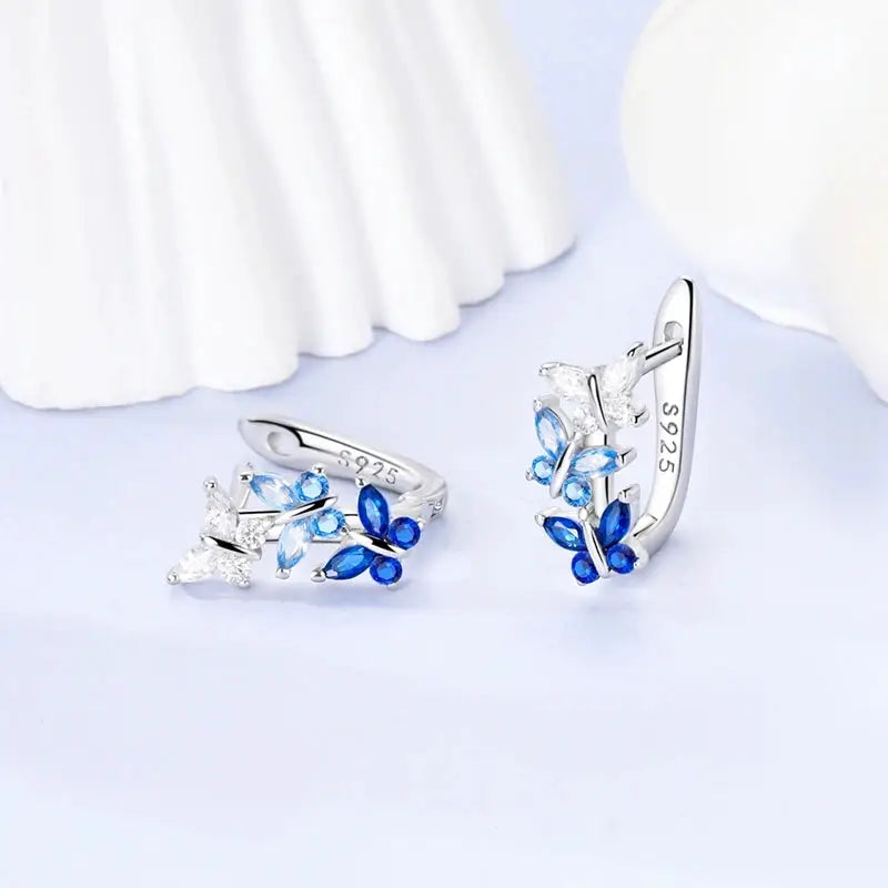 Original 925 Sterling Silver Blue Zirconium Butterfly Hoop Earrings For Women Colored Fine Jewelry Party Earrings