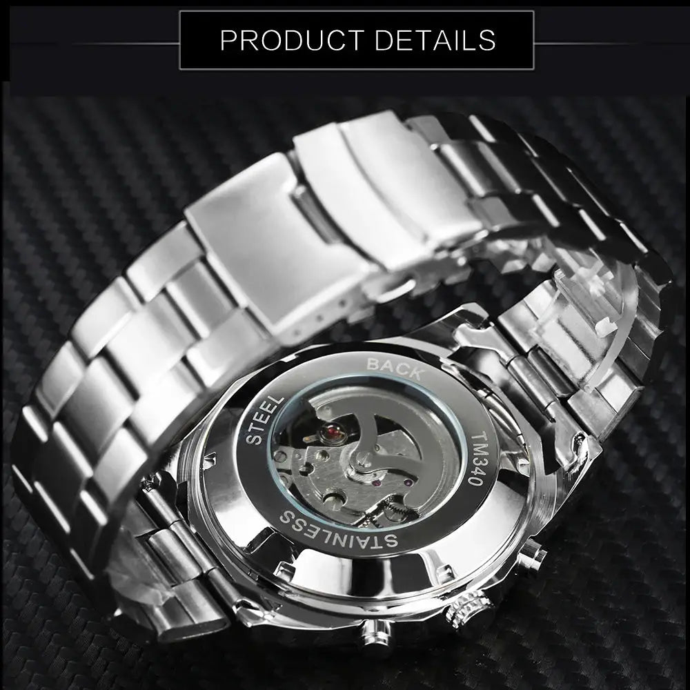 Winner Classic skeleton watch for men with stainless steel strap and transparent caseback