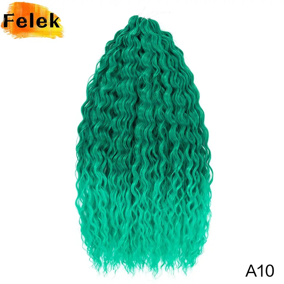 Ariel Curls water-wave crochet hair, synthetic teal to emerald ombre, Simples Market; Felek logo visible.
