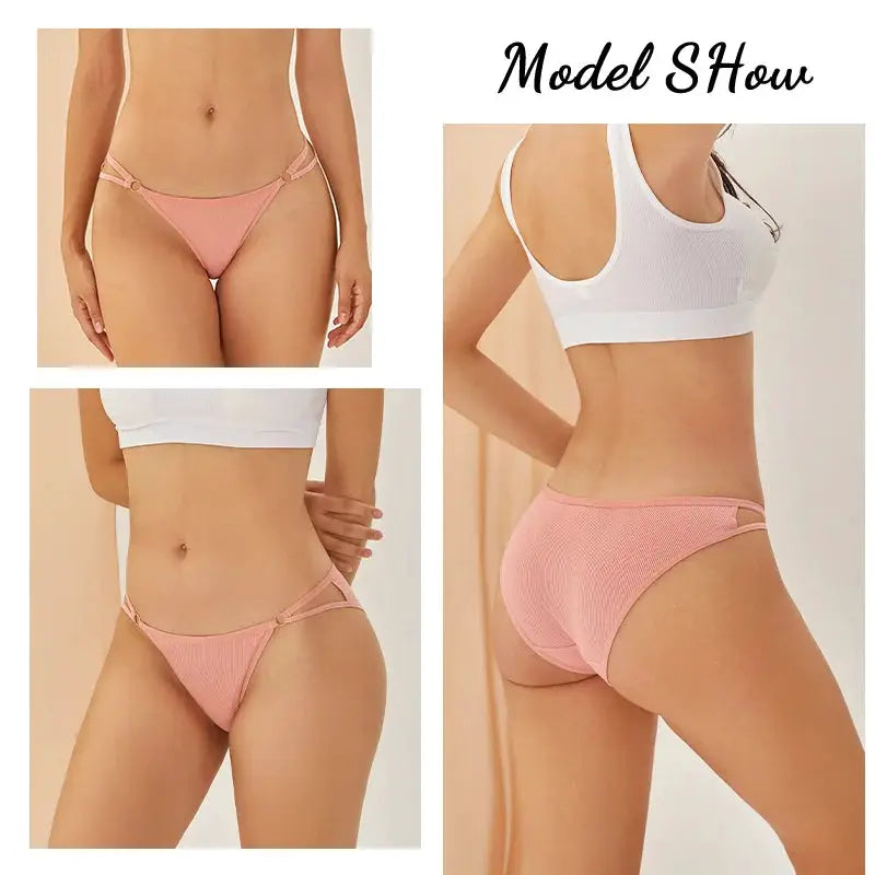 3PCS Women's panties pink cotton striped briefs set, breathable and comfortable underpants; collage of front and back views