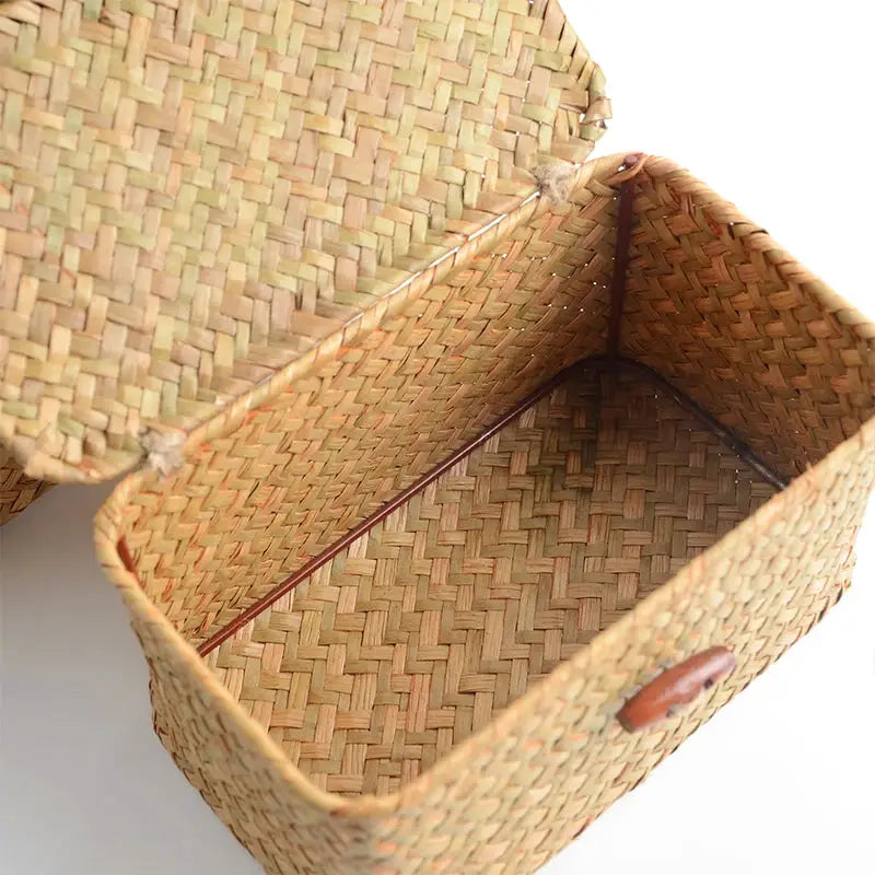 Storage shelf basket with lid, rectangular handmade seagrass rattan organizer in natural color