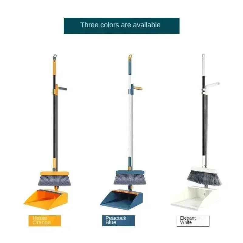 Broom and dustpan set by Simples Market with foldable shovel; three color options: orange, blue, white.