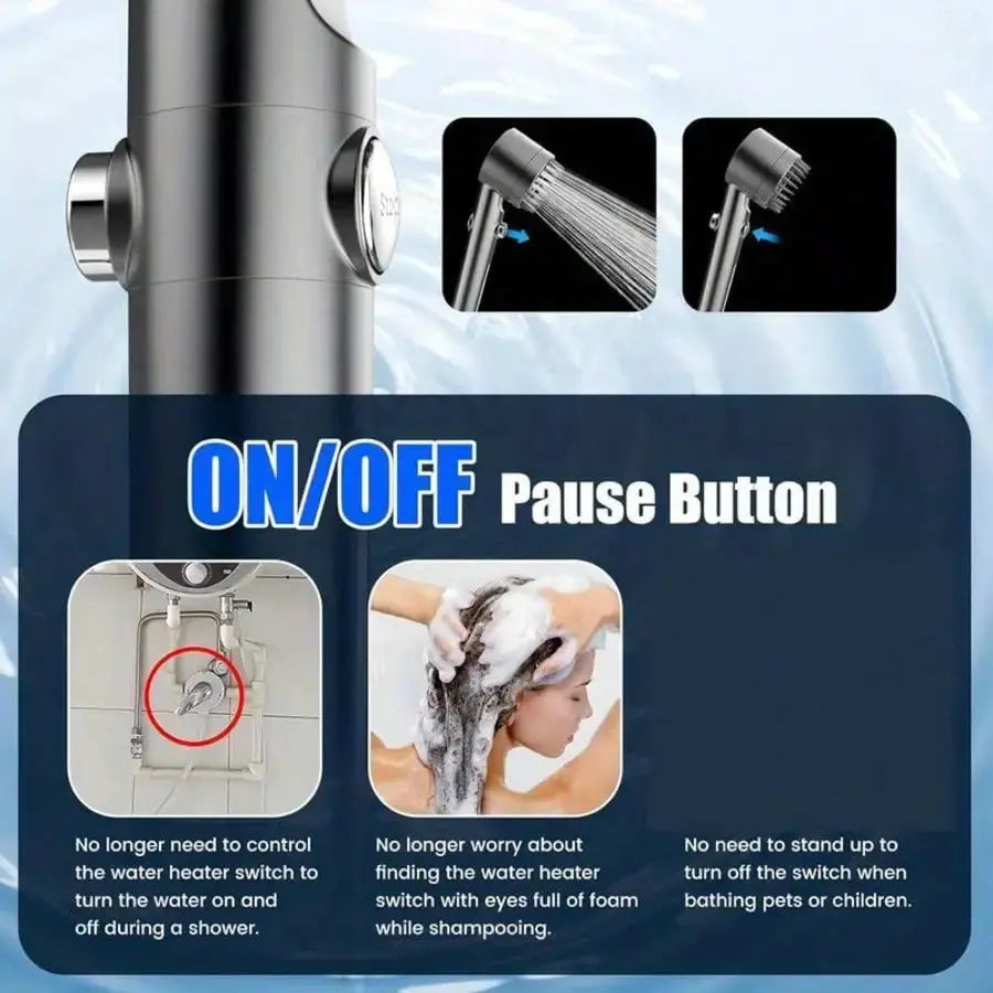 3 Spray Setting Filtered Rain Shower Head with on/off pause button, ABS polished round wall-mounted fixture