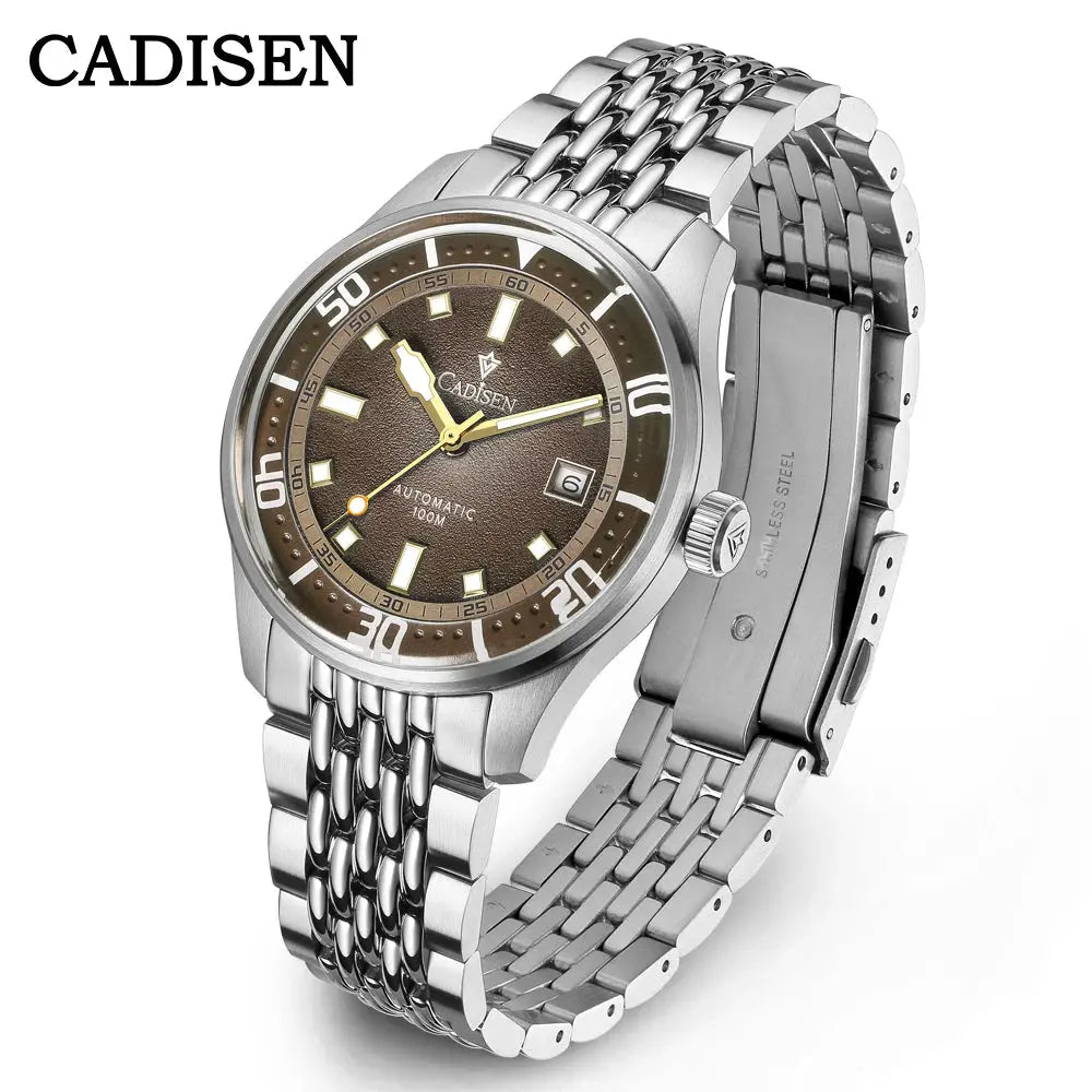 CADISEN automatic men's watch with brown dial, silver stainless steel bracelet, 100m water resistance, Miyota 8215