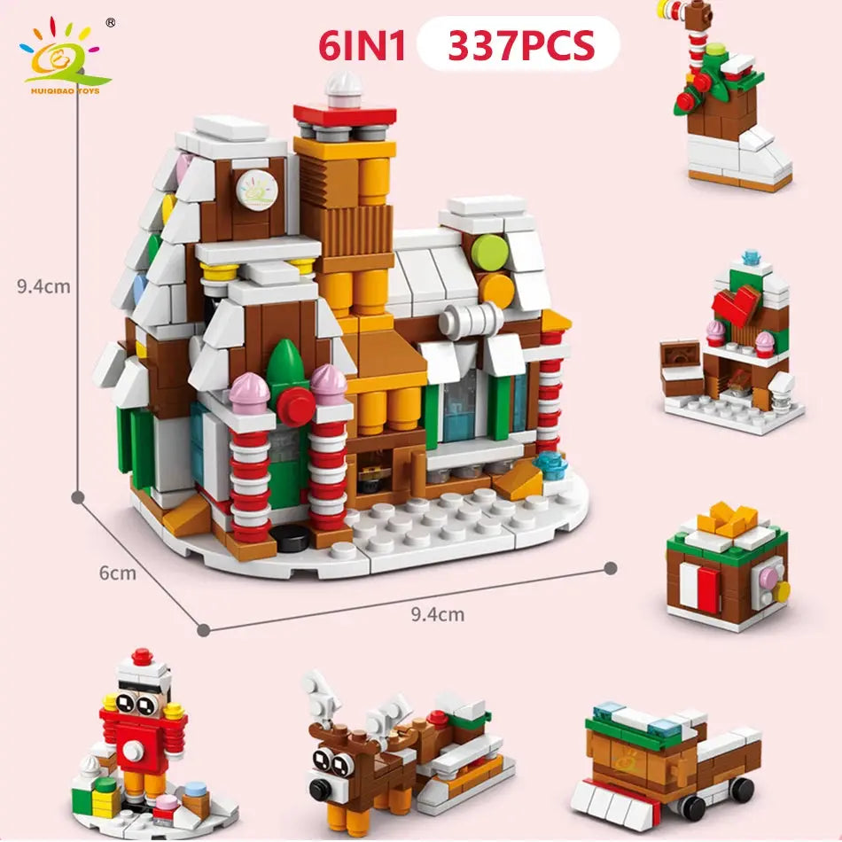 HUIQIBAO 6 In 1 Christmas Building Blocks Set Elk Deer Santa Claus Snow House Xmas Tree Bricks Toys for Children Gifts