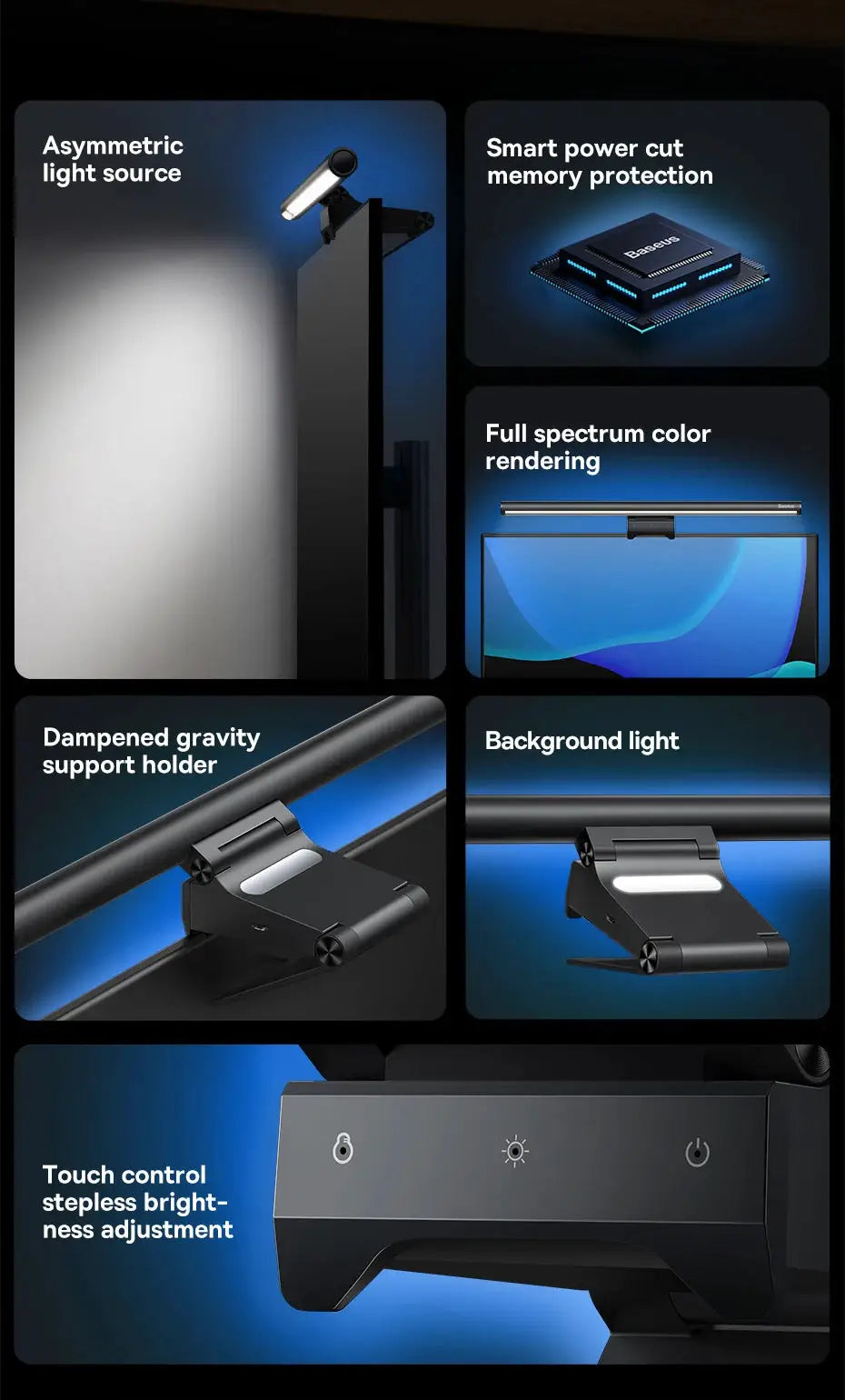 Baseus screen light desk lamp in black with USB power, clip-on monitor mount, and touch brightness control