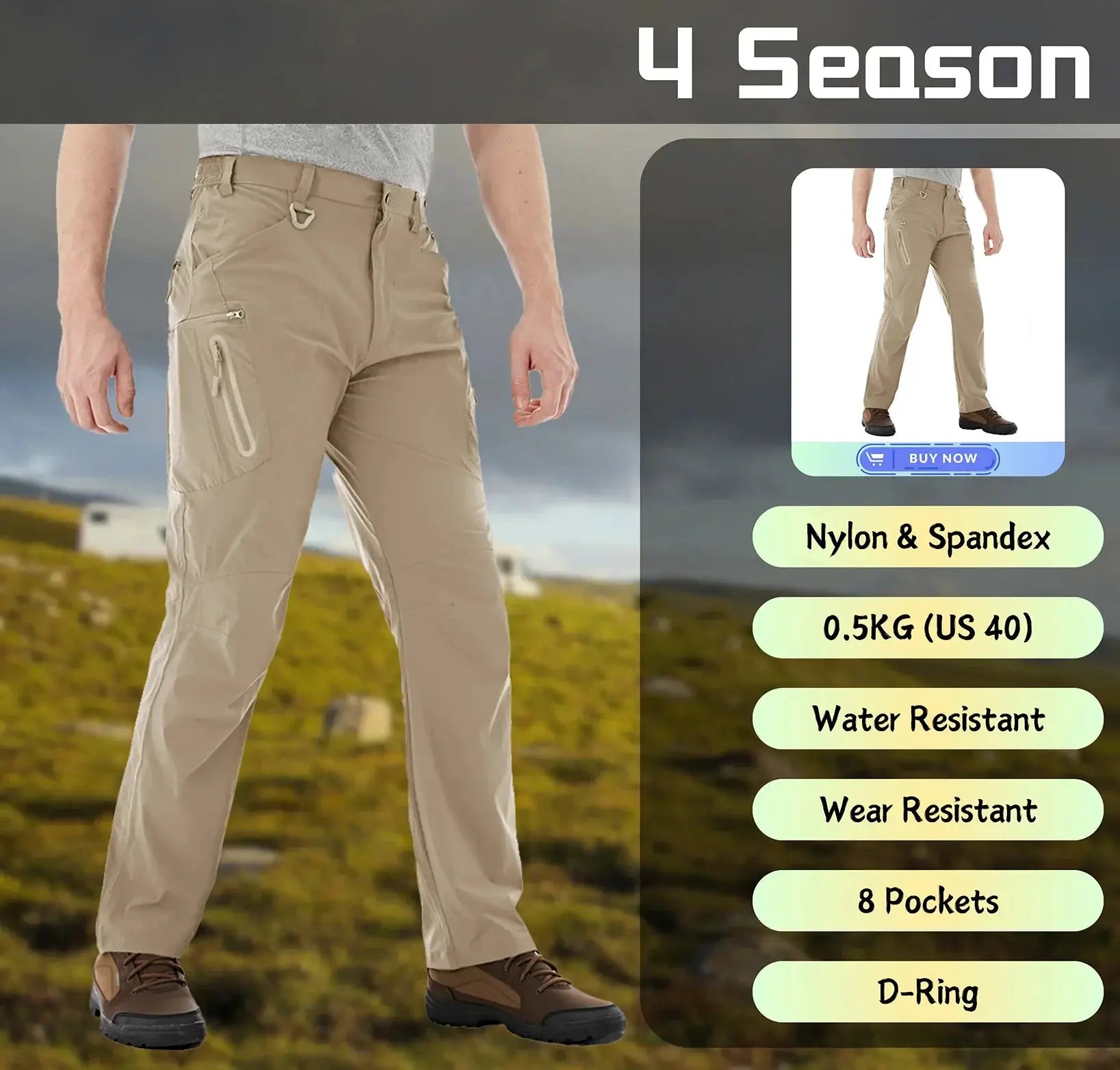 Men's hiking pants in beige nylon-spandex with cargo zip pockets, water resistant