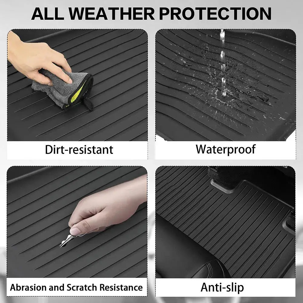 Floor mats with door-sill protection strip for Tesla Model Y by Simples Market; black all-weather rubber liner.