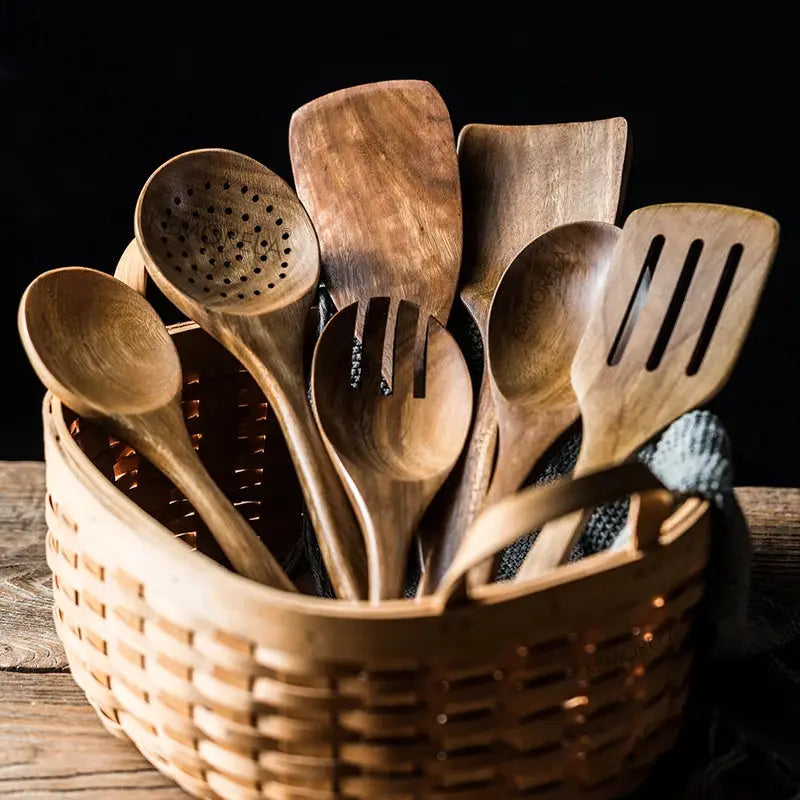 9 Piece Teak Wood Kitchen Utensils Set With Holder Eco Friendly Wooden Spoons And Tools For Cooking