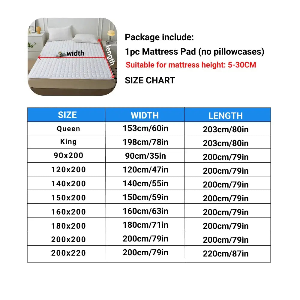 Simples Market waterproof quilted mattress protector cover on bed; white, breathable top layer with size chart