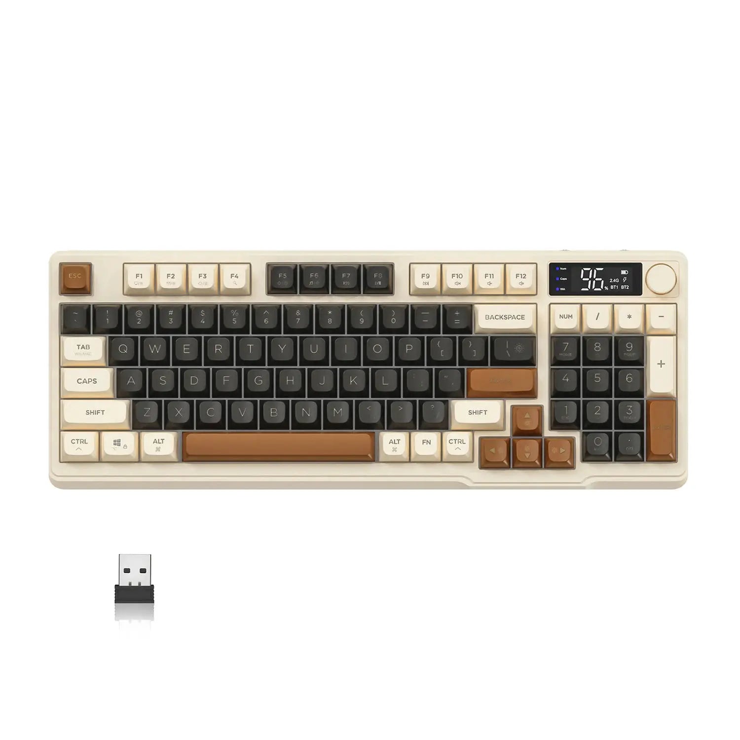 ZIYOU LANG wireless gaming keyboard with display screen and knob, beige and brown keys, USB wireless dongle included