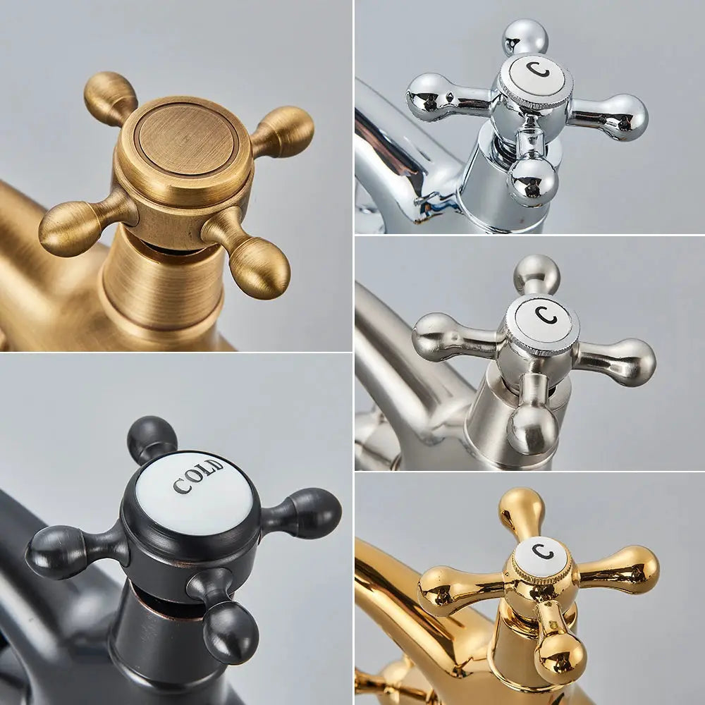 POIQIHY antique two-handle bathroom faucet mixer by Simples Market in brass, chrome, black, silver and gold finishes