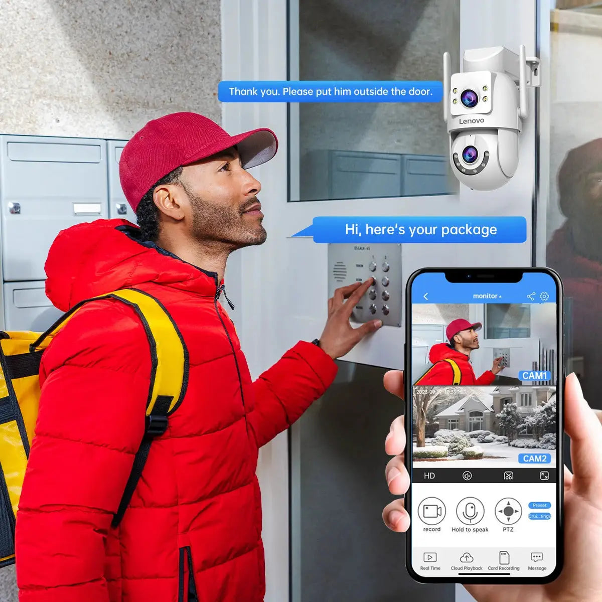Lenovo 4K outdoor dual-lens PTZ WiFi security camera by Simples Market mounted at doorway with smartphone app feed