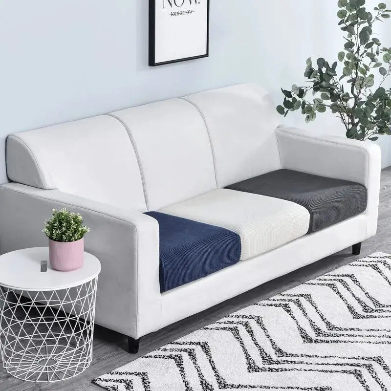 Simples Market elastic sofa cover; thick solid-color slipcover for white sofa with navy, cream and charcoal seat panels