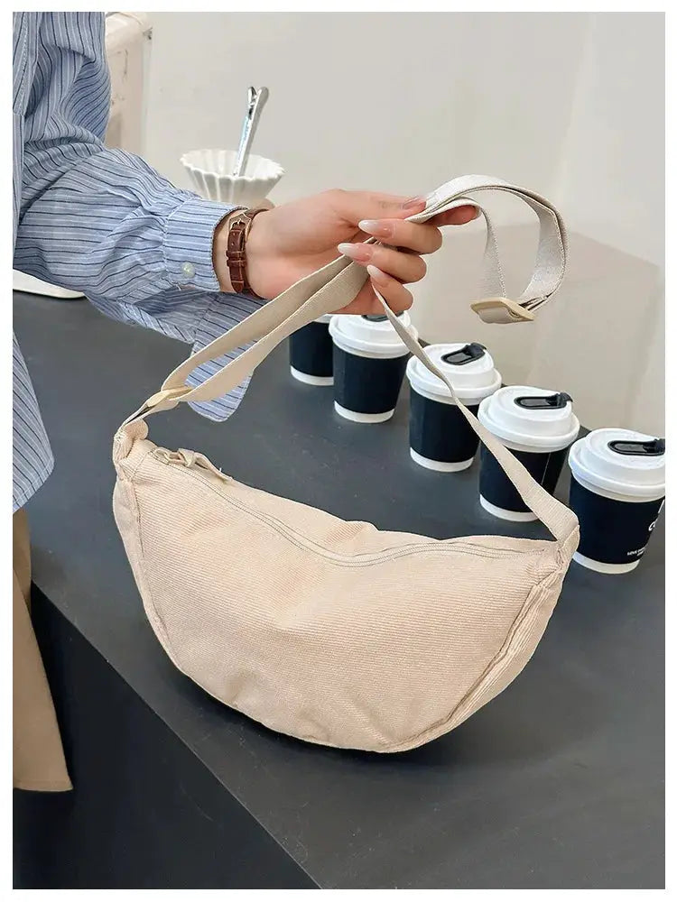 Beige corduroy women's hobo shoulder bag with long adjustable strap
