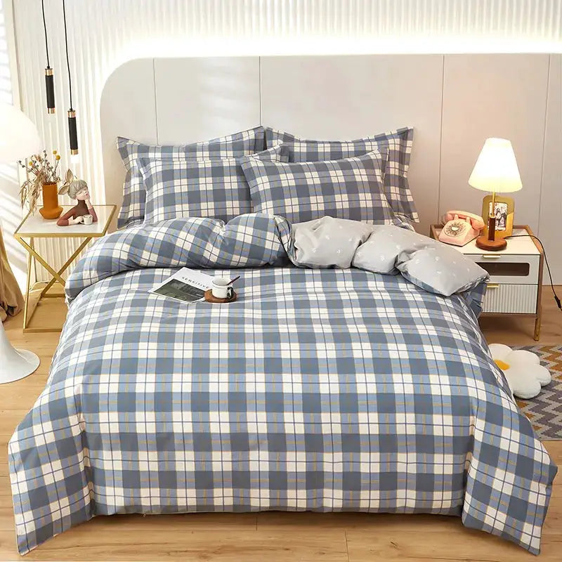 Blue plaid cotton duvet cover set with 1 duvet cover and 2 pillowcases on a bed