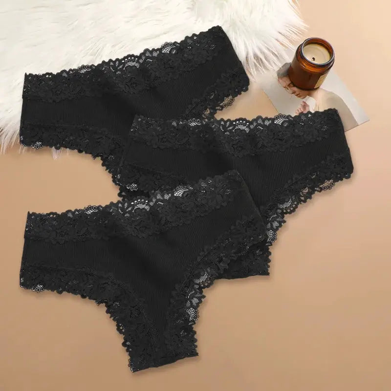 3-piece set of black cotton panties with floral lace trim for women