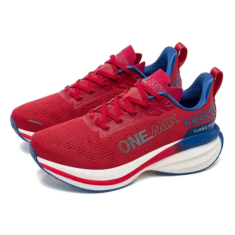 ONEMIX men's running shoes, red mesh upper with blue accents and white air-cushion midsole, pair