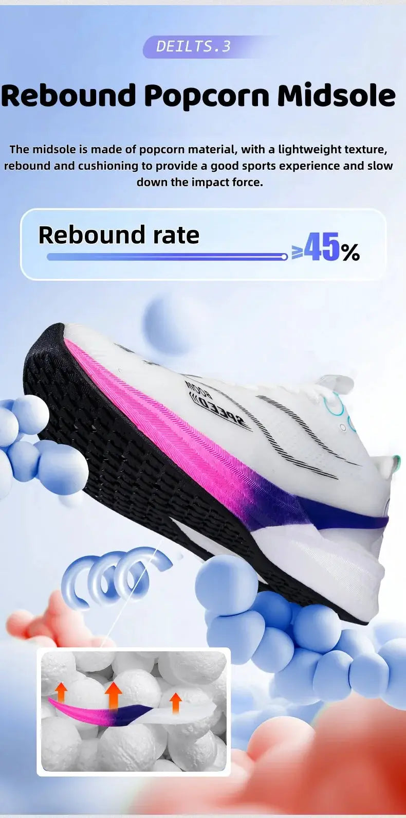 Marathon running shoes with white upper and pink-to-purple gradient midsole; ultra-light, shock-absorbing design.