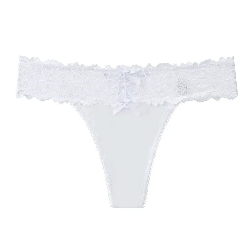 Lace thong underwear in white with a wide floral lace waistband and small bow.