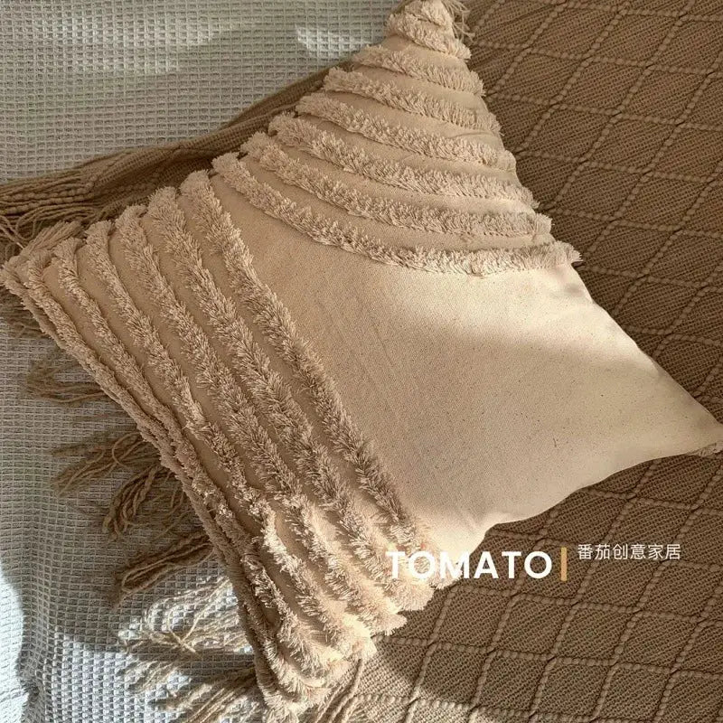 Beige Bohemian pillow cushion cover with fringe tassels, long pillowcase for living room decor