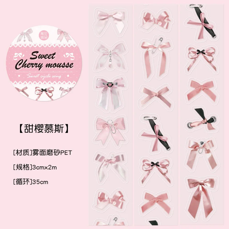 Decorative pink bow adhesive tape set for journaling and scrapbooking; matte PET, 3cm×2m