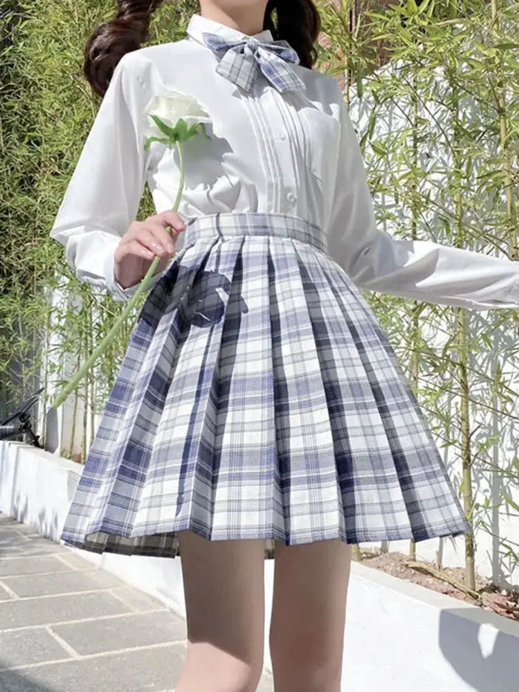 ZOKI plaid women’s pleated mini skirt with bow knot, blue and white high-waist