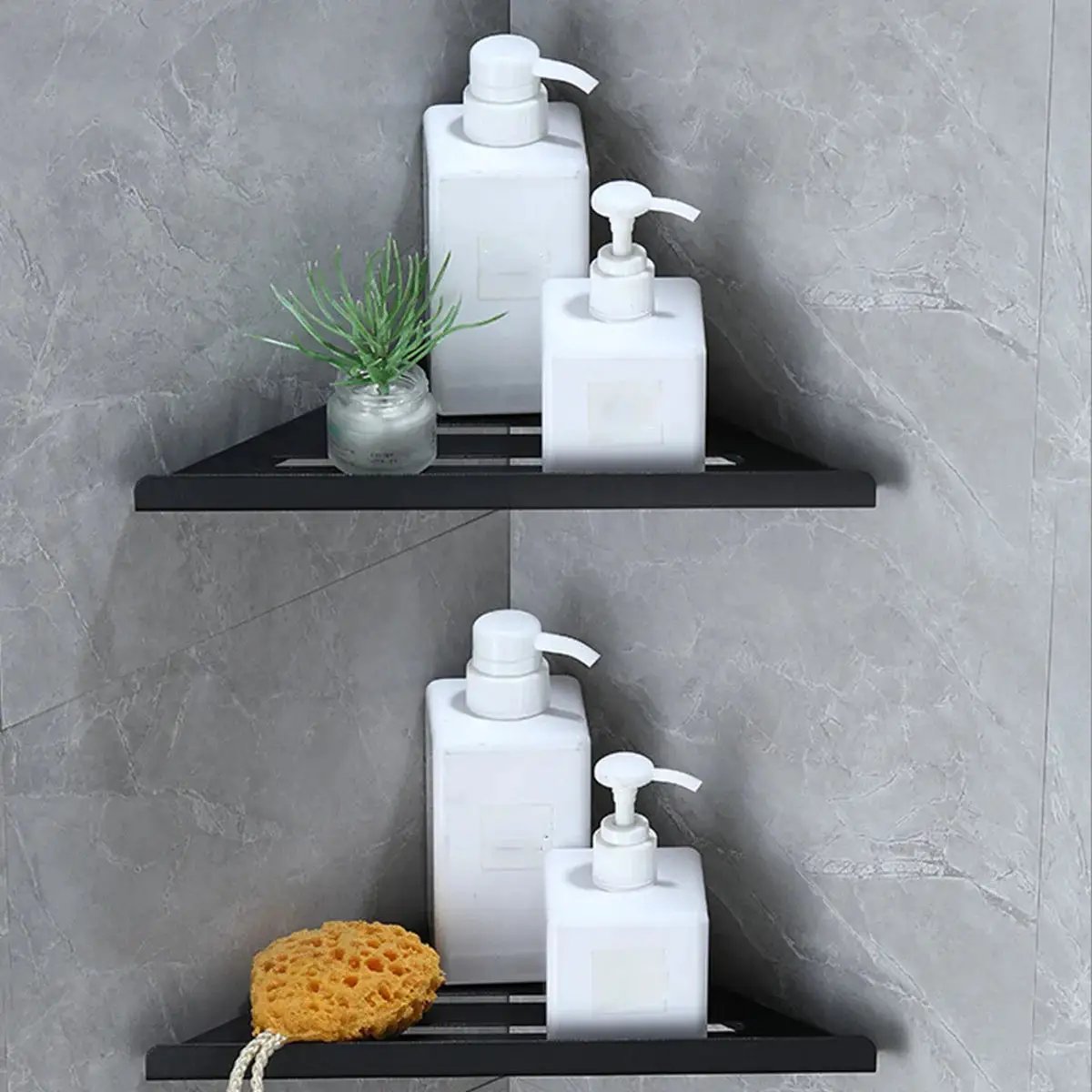 Simples Market bathroom corner shower shelf set, black 304 stainless steel corner organizers, with white pump bottles