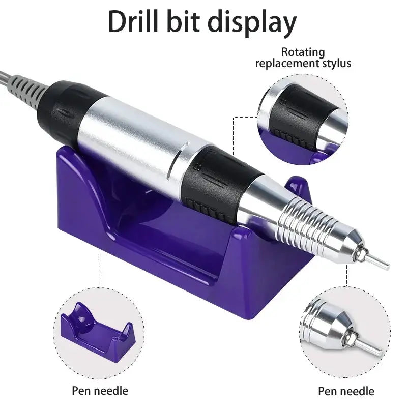 Professional nail drill kit by Simples Market with purple stand, two pen-style handpieces, and replaceable drill bits