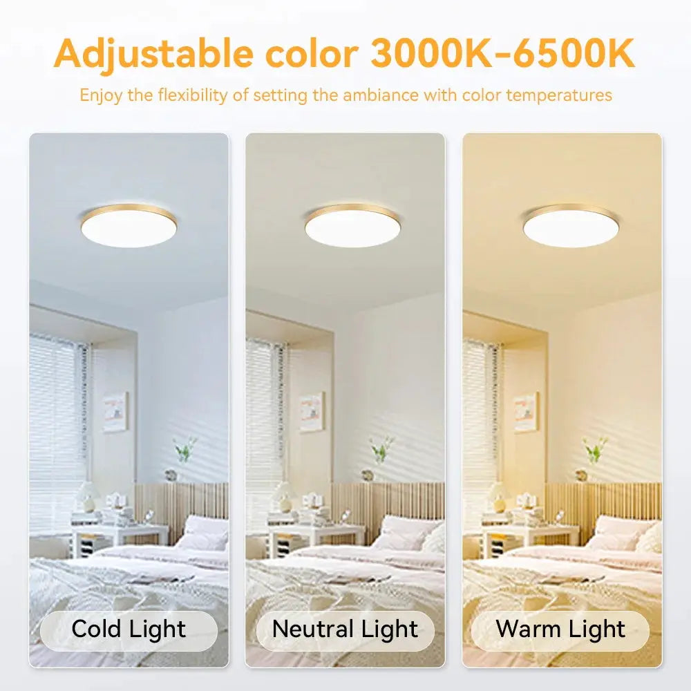 Simples Market LED ceiling lamp panel with adjustable 3000K-6500K; 3 panels show cold, neutral, warm light.
