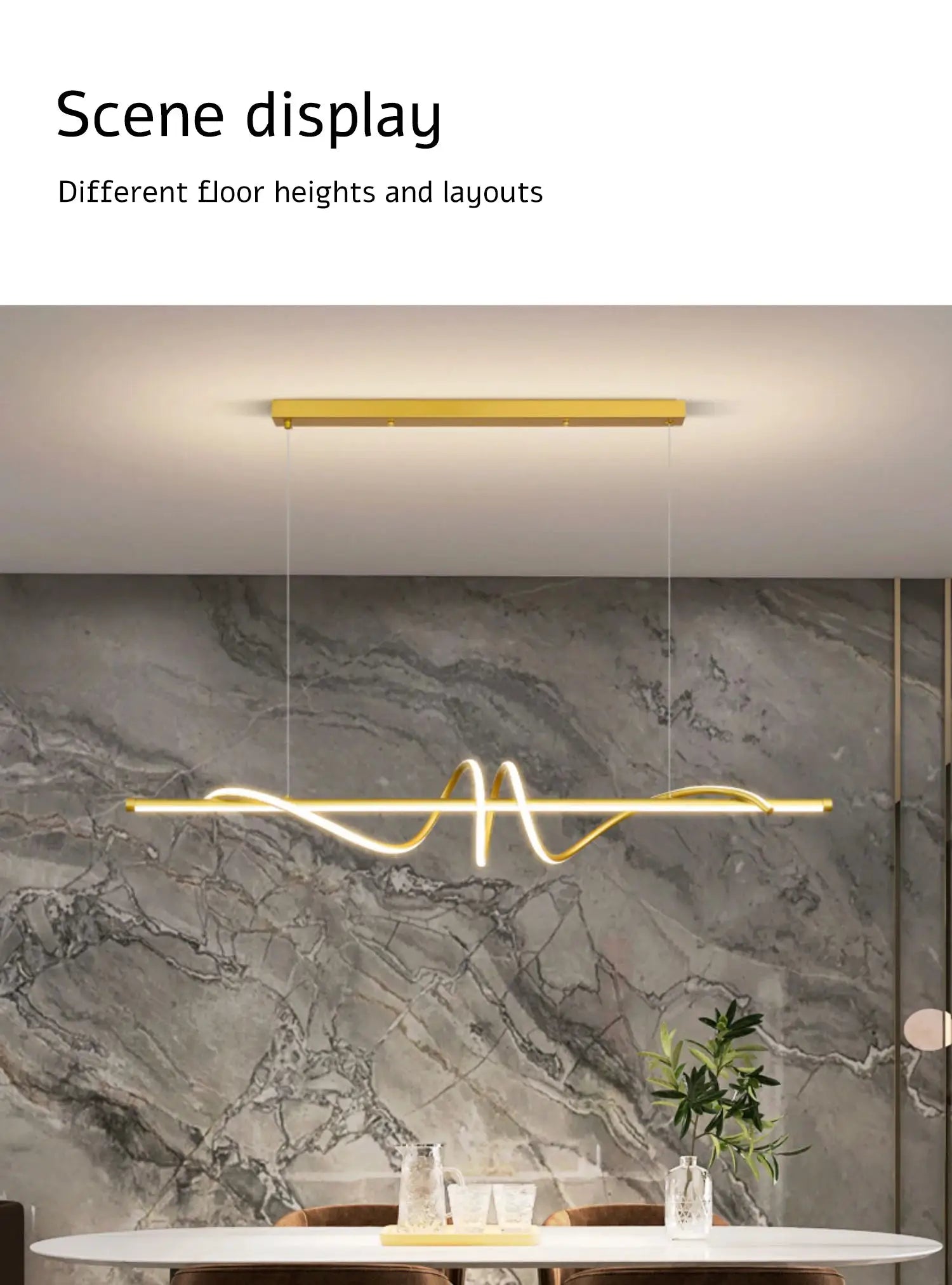 Simples Market modern LED pendant light; gold bar with neon-wave design over marble dining room