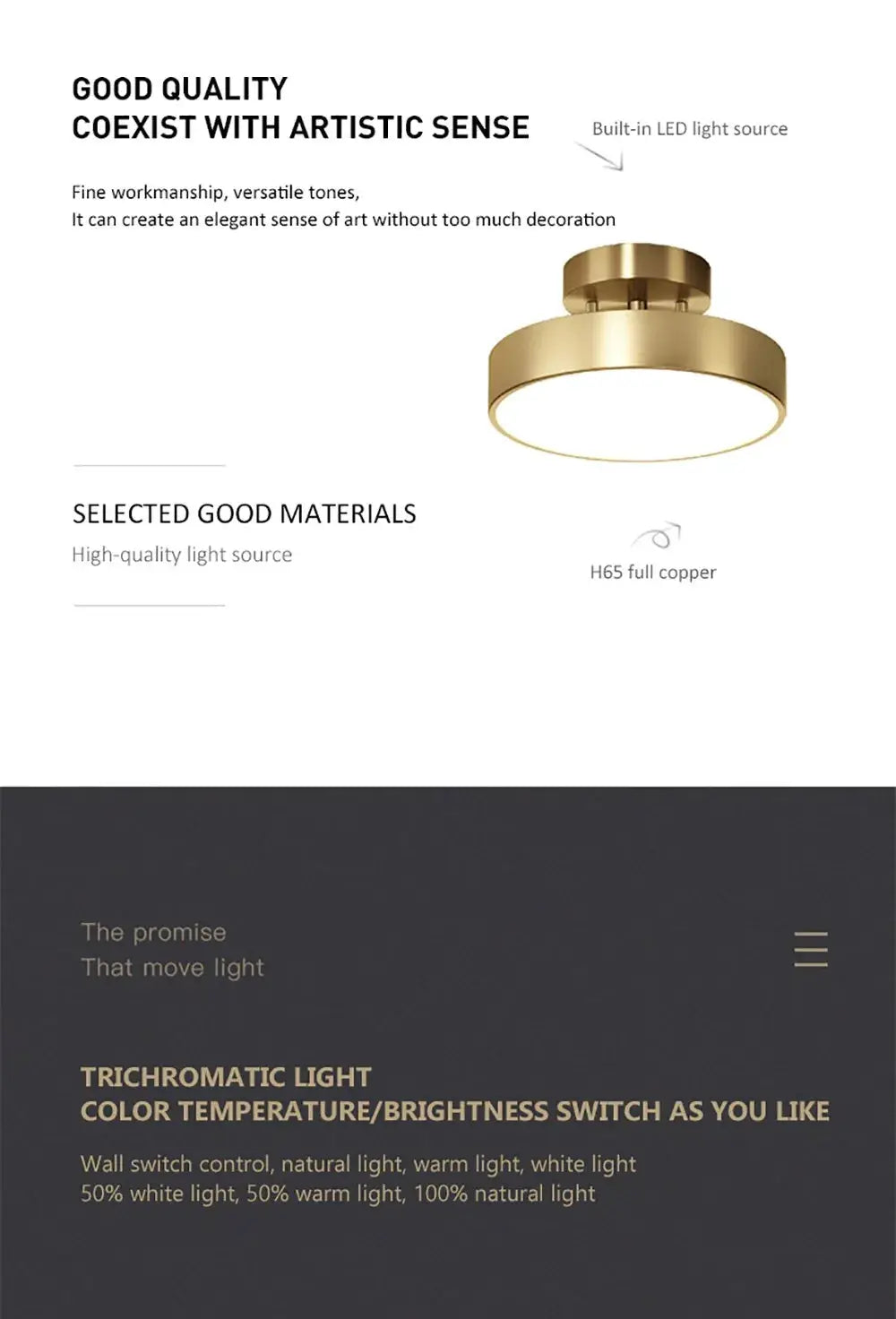 Round copper LED ceiling light fixture for modern home decor in bedroom/living/dining