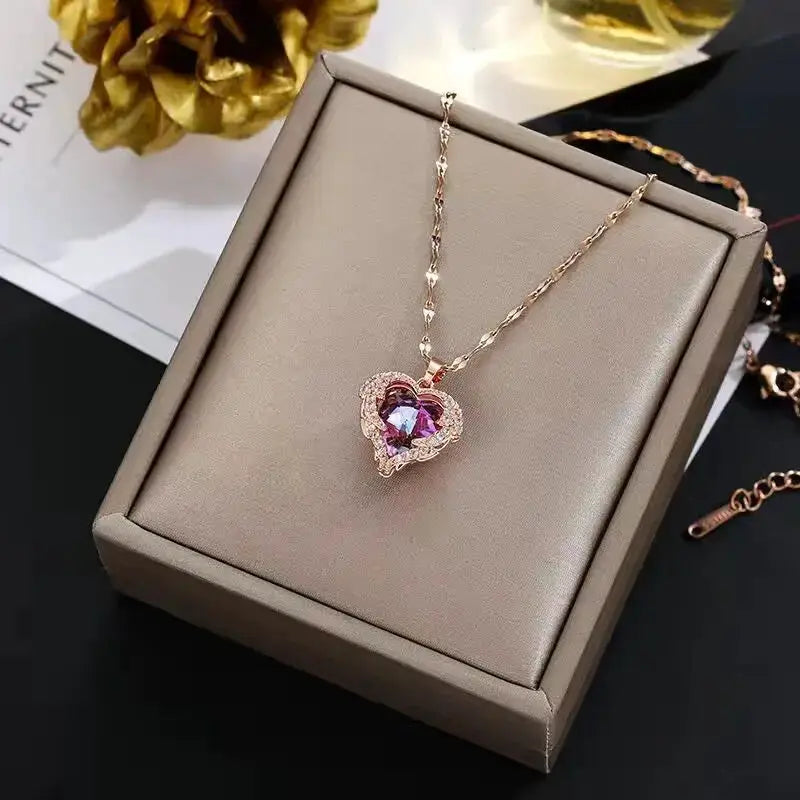 Top Luxury Colorful Crystal Ocean Heart Pendant Necklace For Women 316L Stainless Steel Jewelry