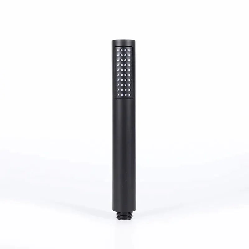 Handheld black plastic shower head with rectangular spray face and multiple nozzles