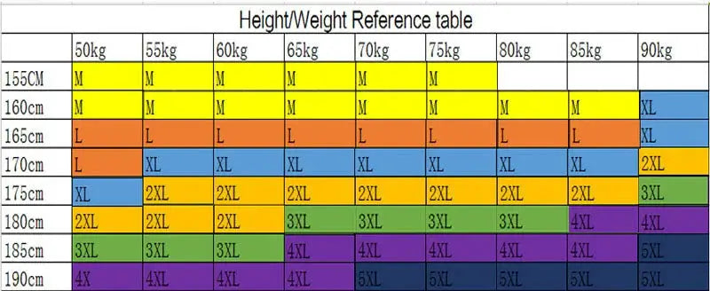 Men sport pants size chart by Simples Market; height/weight reference table with color bands.