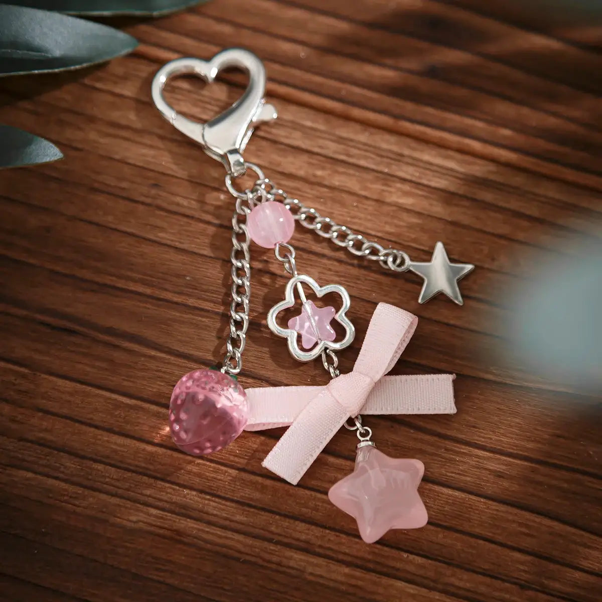 Ingemark Pink Bow Pentagram Pendant Keychain For Women With Glass Beads Silver Tone Jewelry Bag Charm New