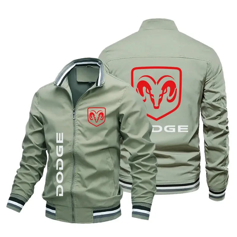 Dodge logo men's bomber jacket in olive green with front zip, striped rib cuffs and hem, back ram emblem