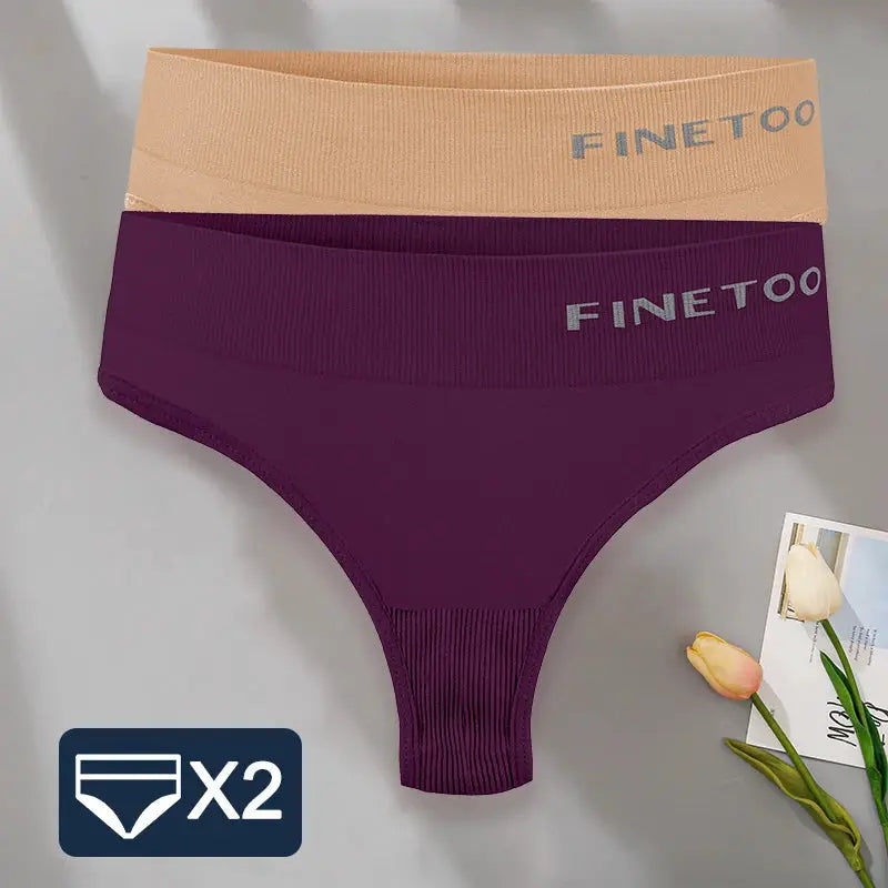 FINETOO 2-pack women's thong underwear in purple and nude with high-waist ribbed waistband