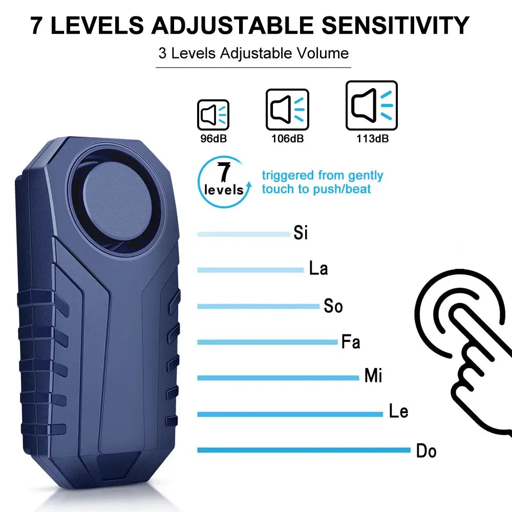 Bike anti-theft alarm by Simples Market, 113dB with remote wireless vibration sensor, blue unit
