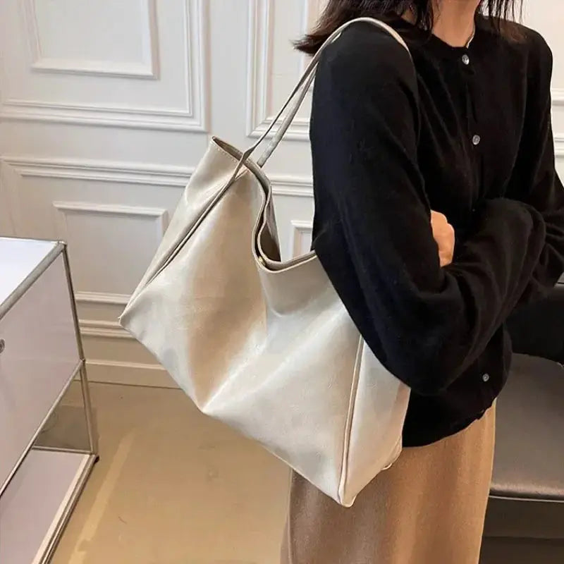 Women tote bag by Simples Market; cream PU leather, large capacity shoulder bag.