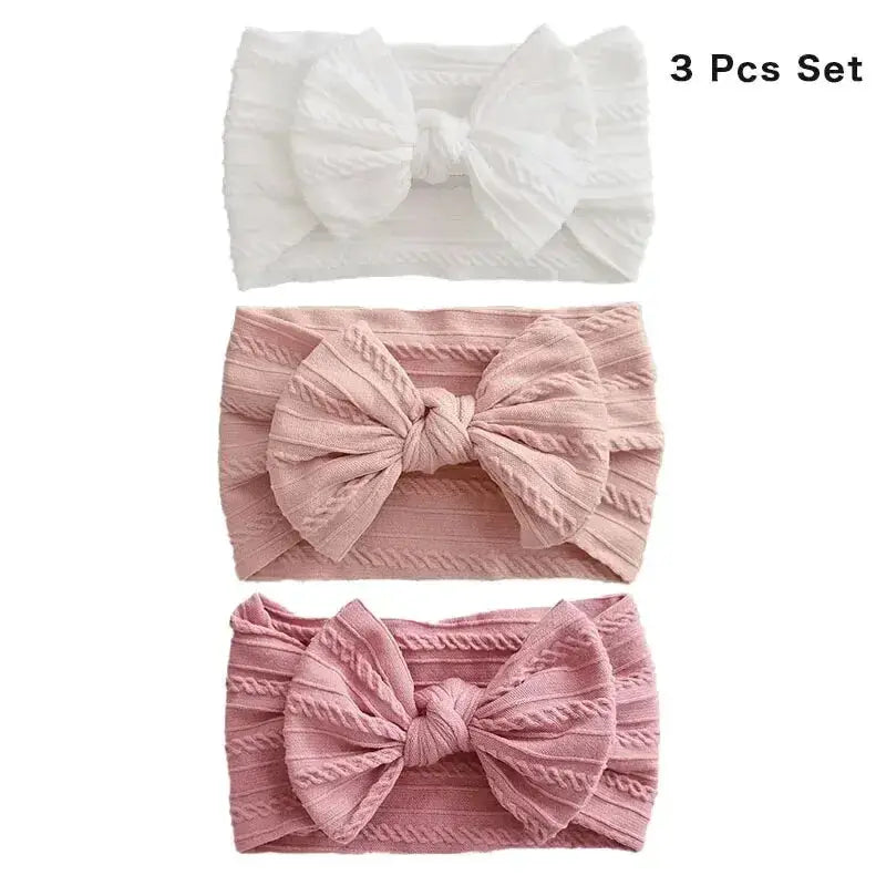 3 Pieces Solid Color Baby Headbands Set With Bow Elastic Nylon Newborn Turban Headwrap Hair Accessories For Kids