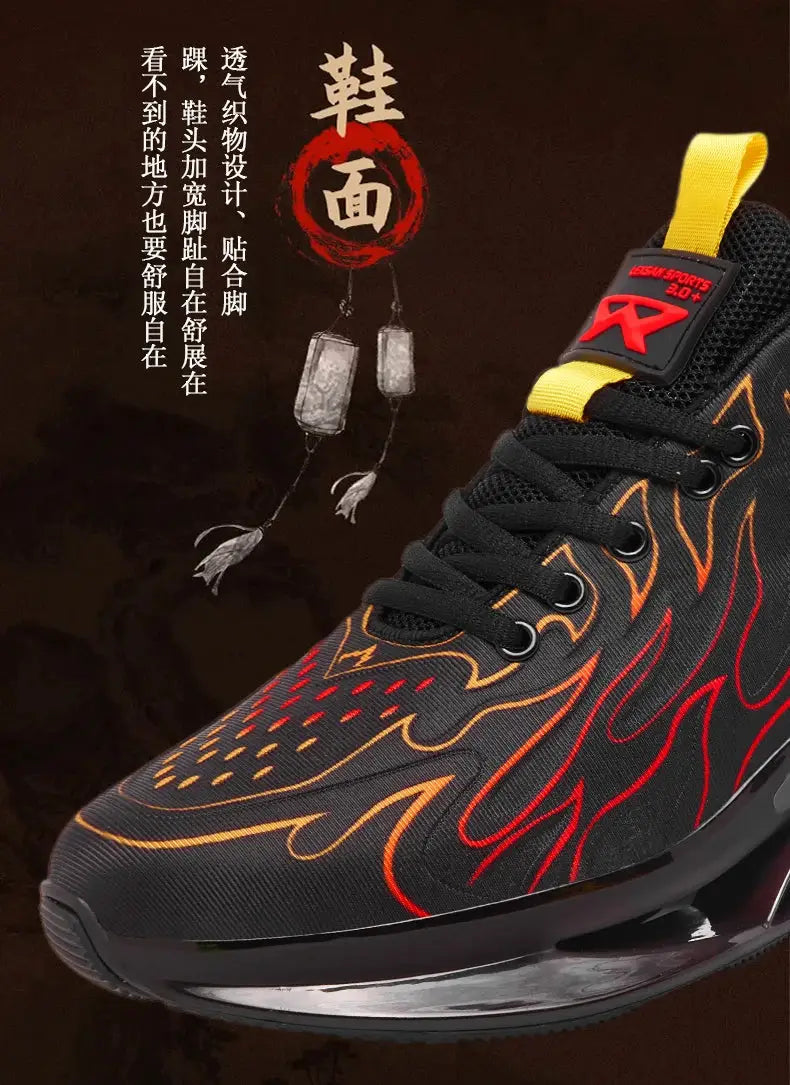 Men's sneakers by Simples Market; black upper with orange flame graphics, lace-up, yellow pull tab.