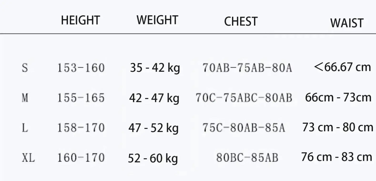Simples Market bikini size chart showing height, weight, chest and waist ranges for S–XL