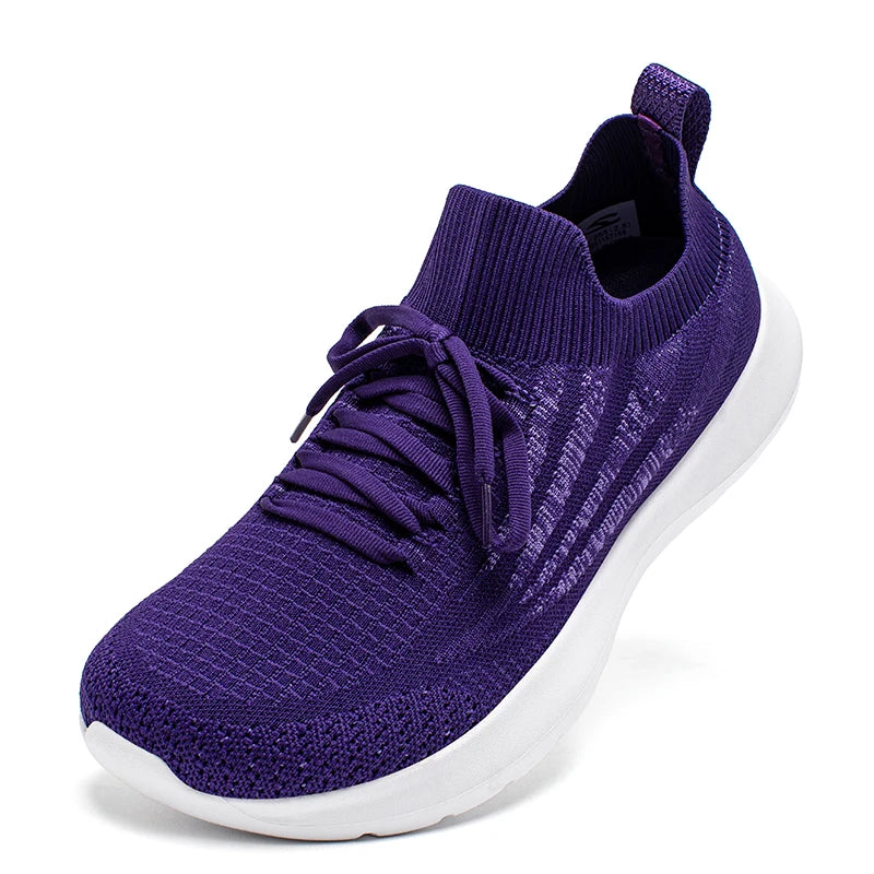 HOBIBEAR purple knit-mesh unisex running sneakers with white sole, breathable lace-up non-slip design