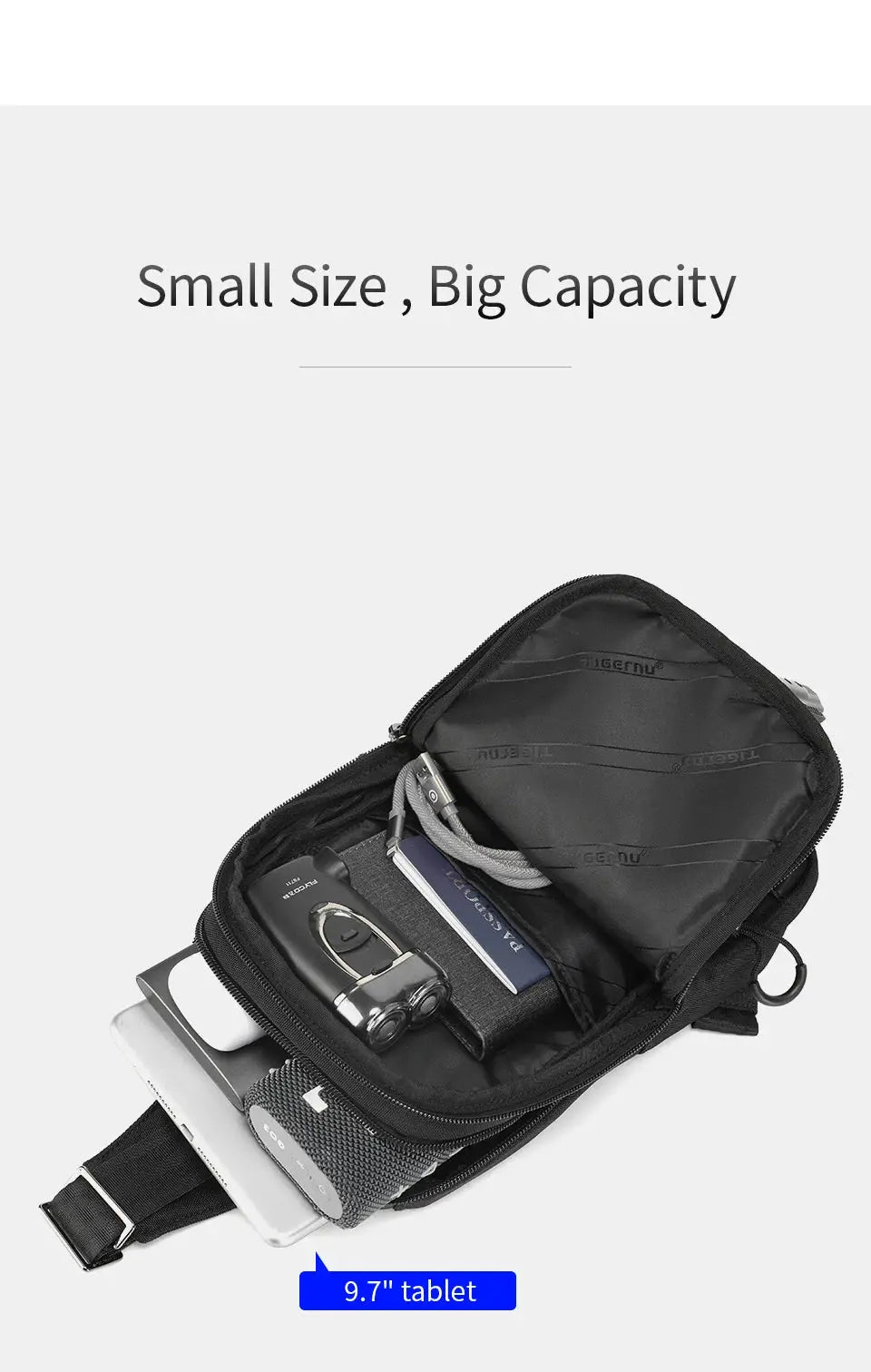 Simples Market Tigernu chest bag for men, black crossbody with 9.7-inch tablet pocket