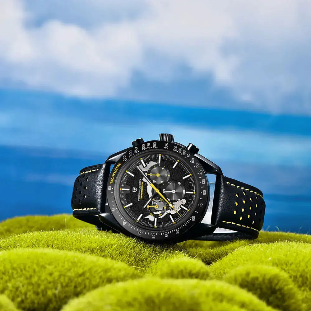 Pagani Design New Moon Dark men's quartz skeleton chronograph watch with AR sapphire glass, black perforated strap