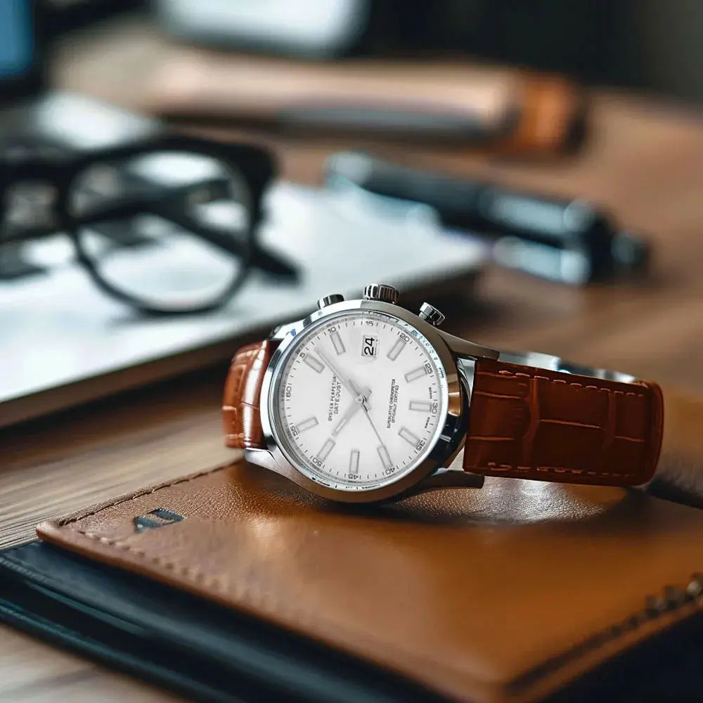 Simples Market premium genuine leather watchband on a silver wristwatch with a brown strap