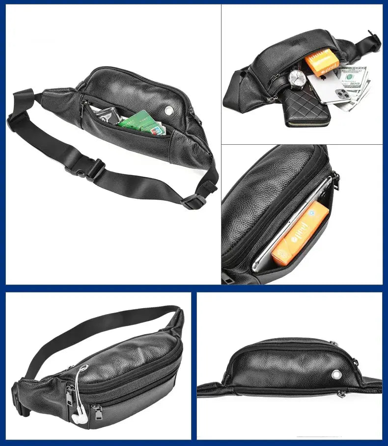 Men's genuine leather chest bag crossbody by Simples Market, black with multiple pockets.
