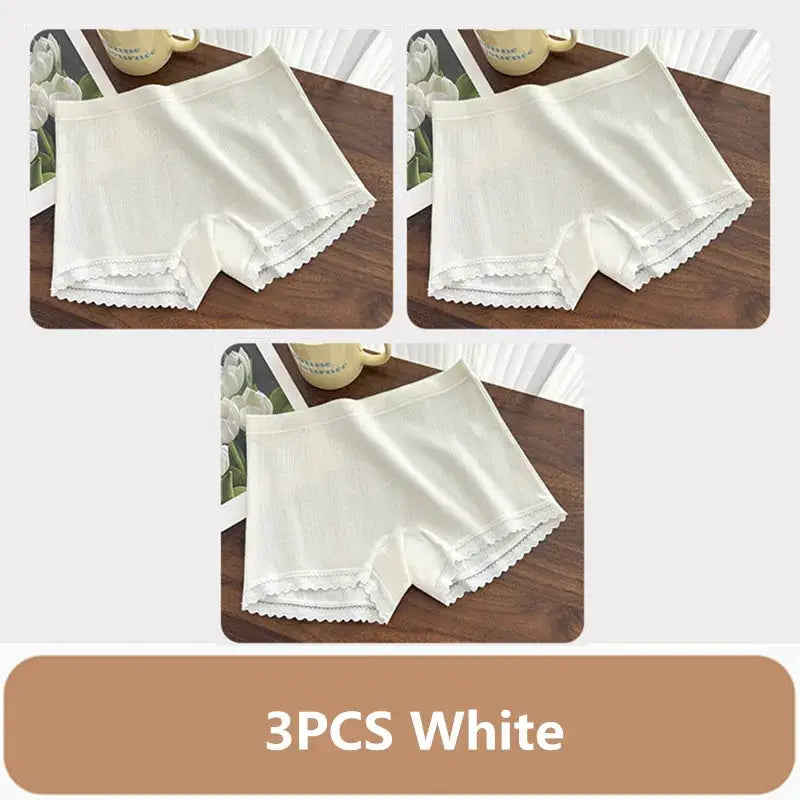 3Pcs White women's lace-trim boxer panties, mid-rise breathable underwear by Simples Market