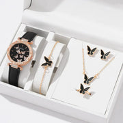 Butterfly Lane Watch Set Leather Strap Quartz Wristwatch With Matching Ring Necklace Earrings Bracelet